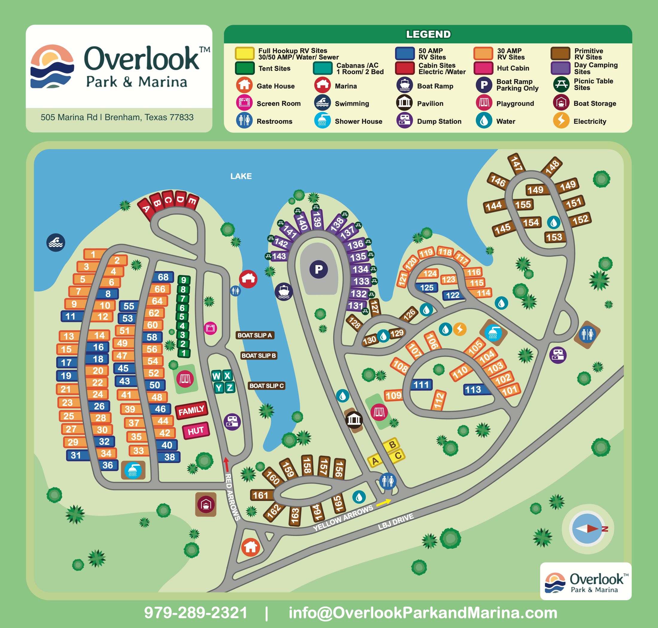 Illustrated map of Overlook Park & Marina on Lake Somerville showing numbered RV and tent sites, cabins A through E, cabanas W through Z, the Hut, boat slips A through C, the gate house, marina, boat ramp, restrooms, shower houses, pavilion, playgrounds and the dump station.